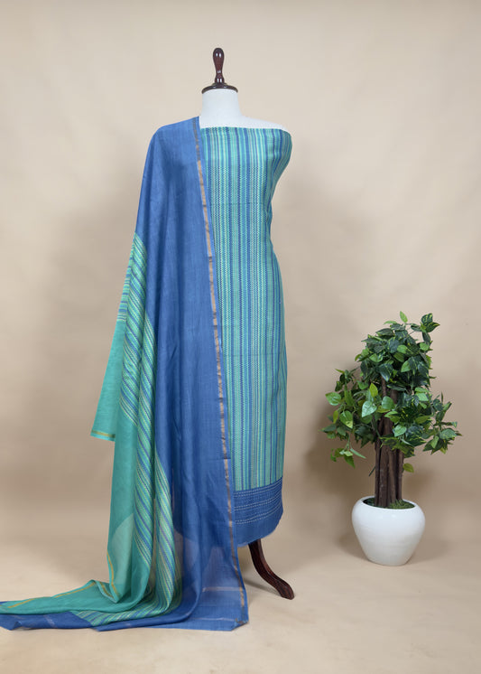 Blue And Green Pure Maheshwari Silk Suit With Kantha Handwork