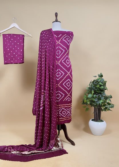 Heer Grape Purple Pure Gajji Silk Gharchola Bandhani Suit With Gold Lakdi patta weaving