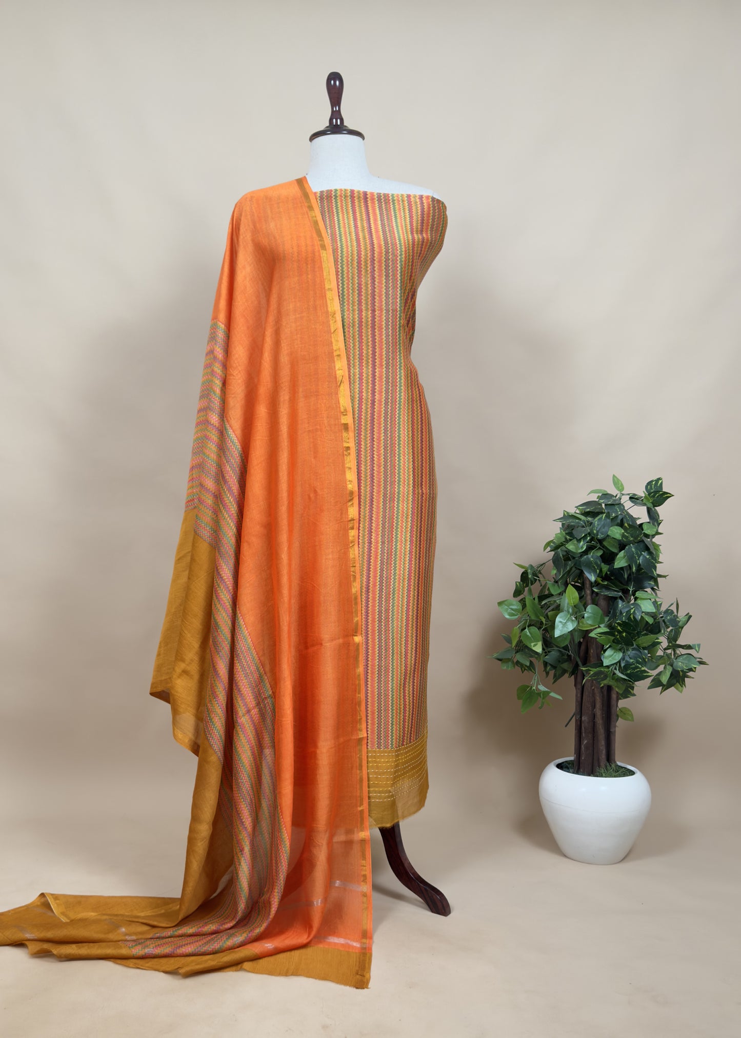 Indian Gajari Pure Maheshwari Silk Suit With Kantha Handwork