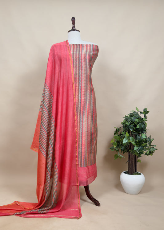 Indian Gajari Pure Maheshwari Silk Suit With Kantha Handwork
