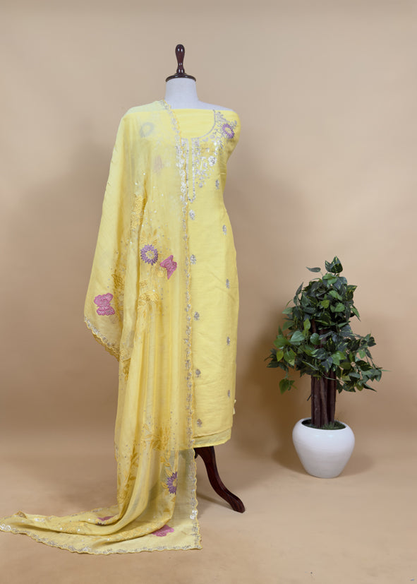 Yellow Summer Special Mul Chanderi Suit With Pitta and Appliqué Work