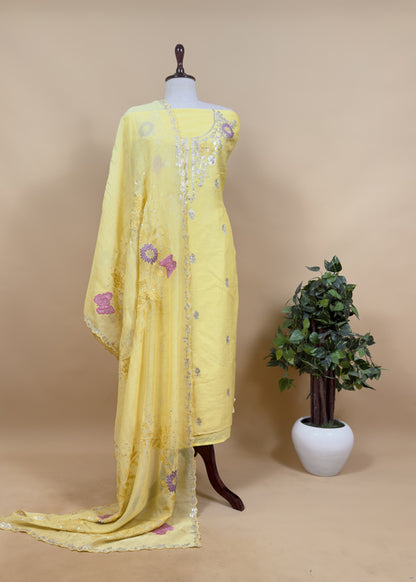 Yellow Summer Special Mul Chanderi Suit With Pitta and Appliqué Work