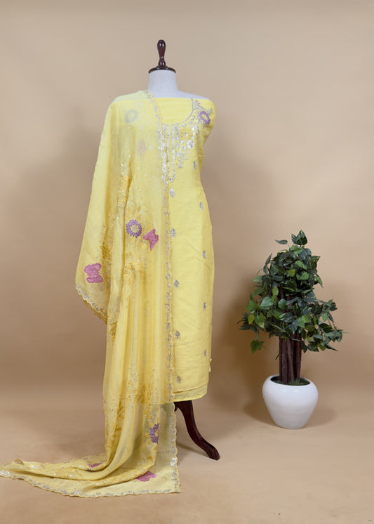 Yellow Summer Special Mul Chanderi Suit With Pitta and Appliqué Work