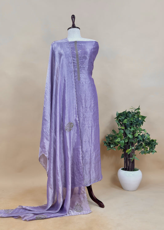 Purple Pure Tissue Silk Suit With Dori Hand Embroidery