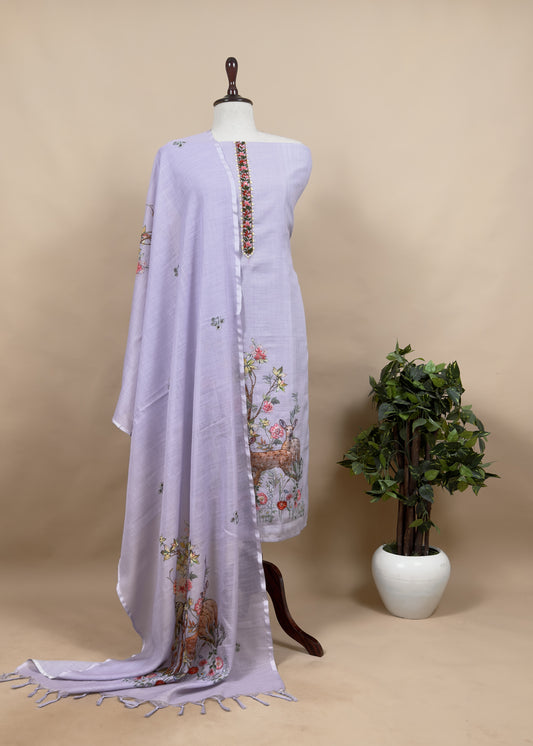 Powder Purple Linen Deer Suit Fabric With Kantha Hand Embroidery