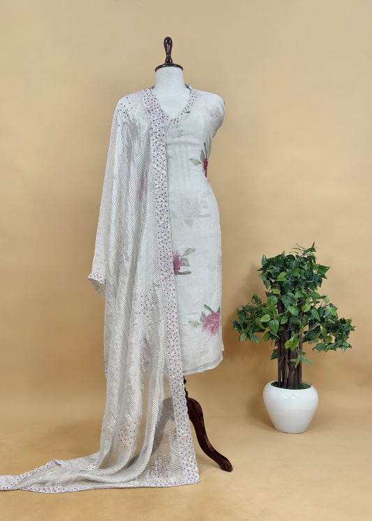 Pastel Unstitched Dupatta-Suit In Handloom Tissue-Silk With Pearl And Sequins