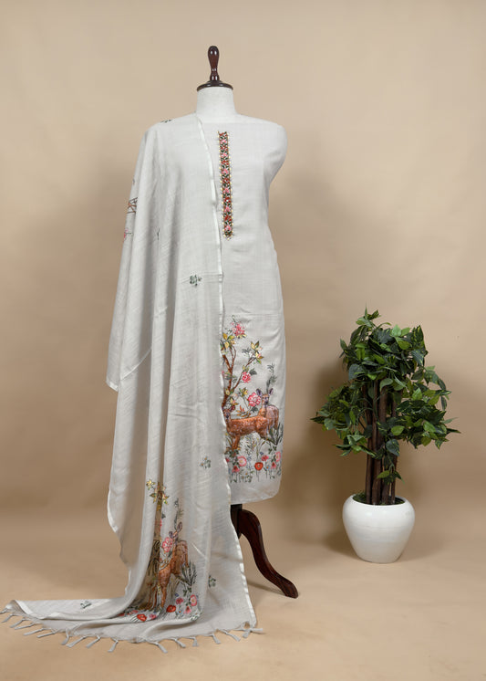 Fawn Linen Deer Suit Fabric With Kantha Hand Embroidery