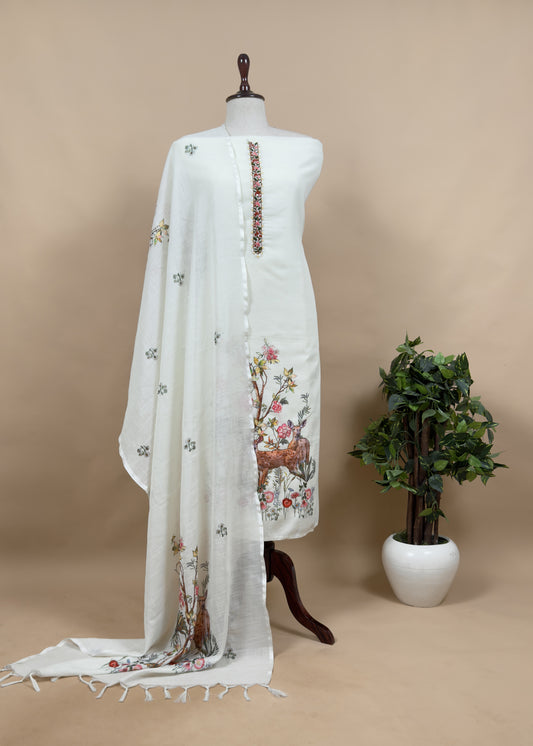 Off White Linen Deer Suit Fabric With Kantha Hand Embroidery