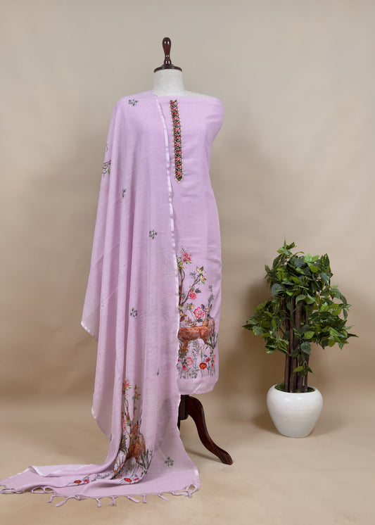 Lilac Linen Deer Suit Fabric With Kantha Hand Embroidery