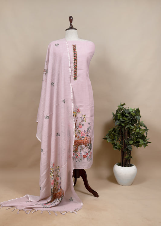 Pink Linen Deer Suit Fabric With Kantha Hand Embroidery