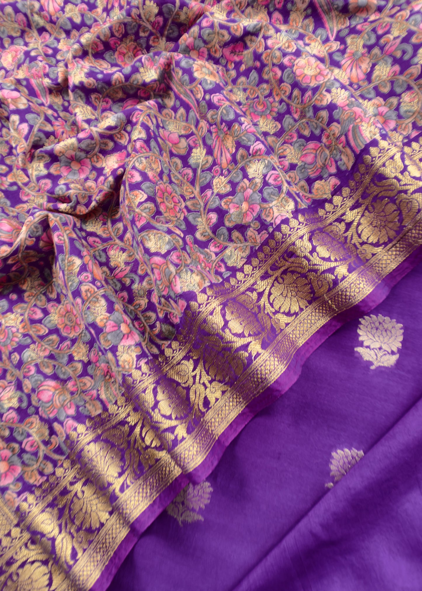 Purple Banarasi Suit With Kalamkari Dupatta