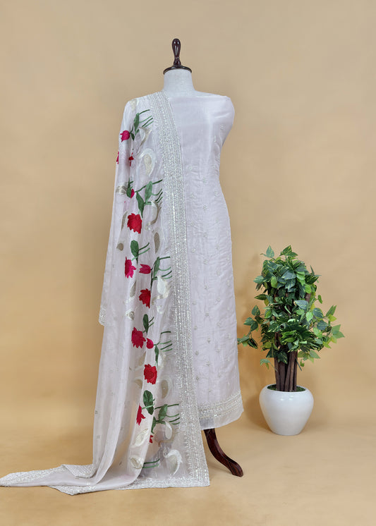 Tara Sitaara Kalasheel Luxe White Gold Handwoven Organza Suit With Hand Work