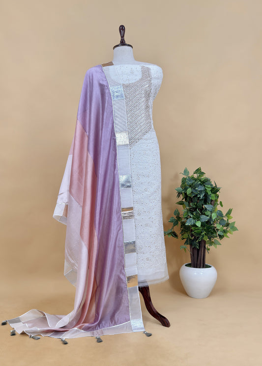 Pakeezah Ivory Kalasheel luxe Designer Kora Organza Suit With Chikankari And Gotapatti Work
