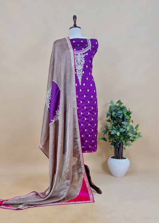 Luxe Violet Golden Handloom Silk Suit Fabric With Dabka, Dori And Gotapatti Hand Work