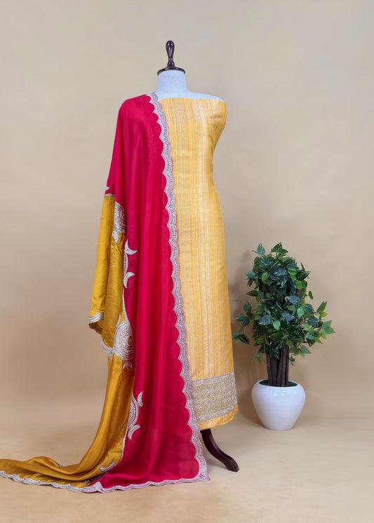 Yellow Red Luxe शादी त्योहार Handloom Brocade Silk Suit Fabric With Dori And Gotapatti Hand Work