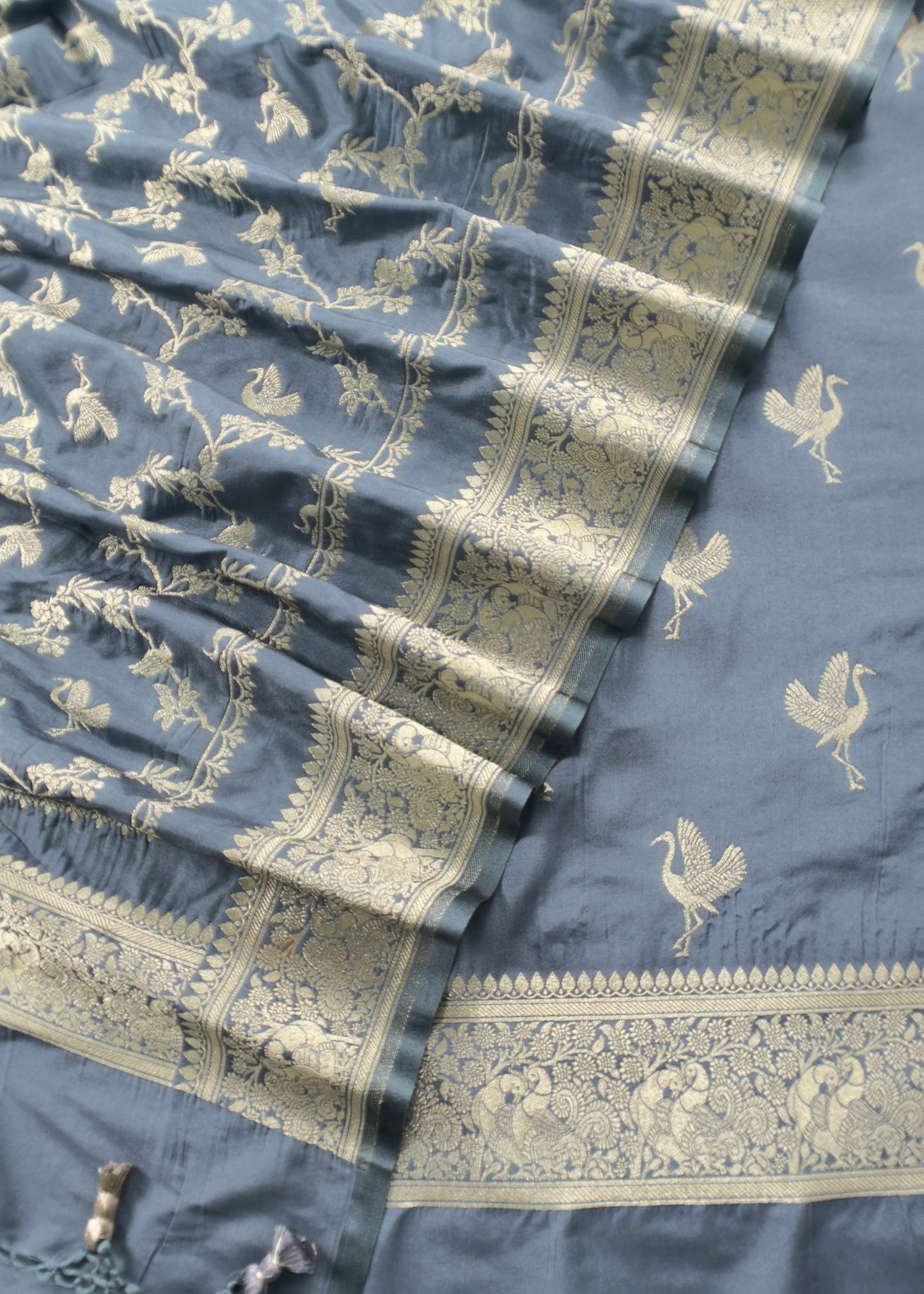 Blue Handloom Phool-Patti Weaving Suit In Katan Silk