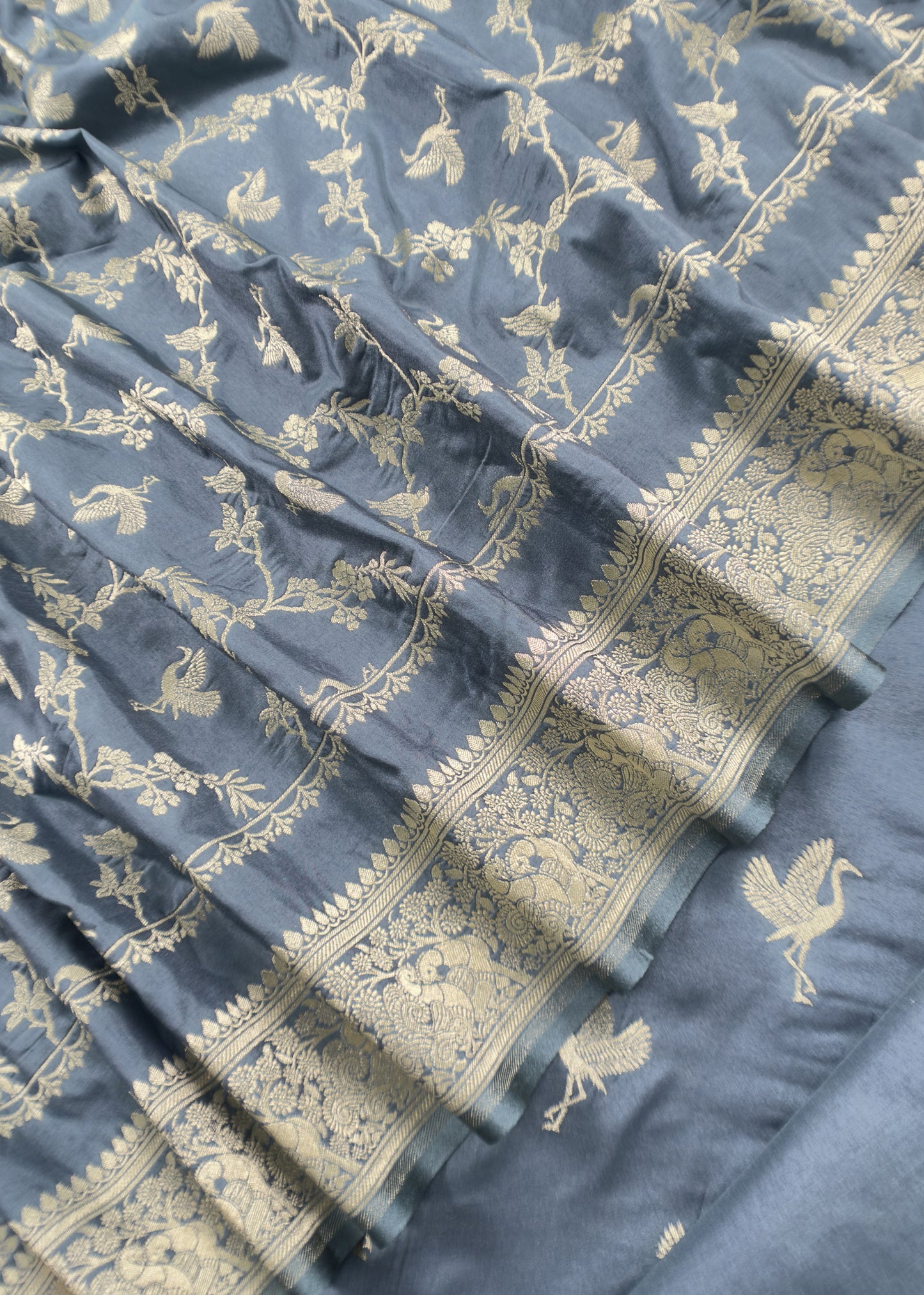 Blue Handloom Phool-Patti Weaving Suit In Katan Silk