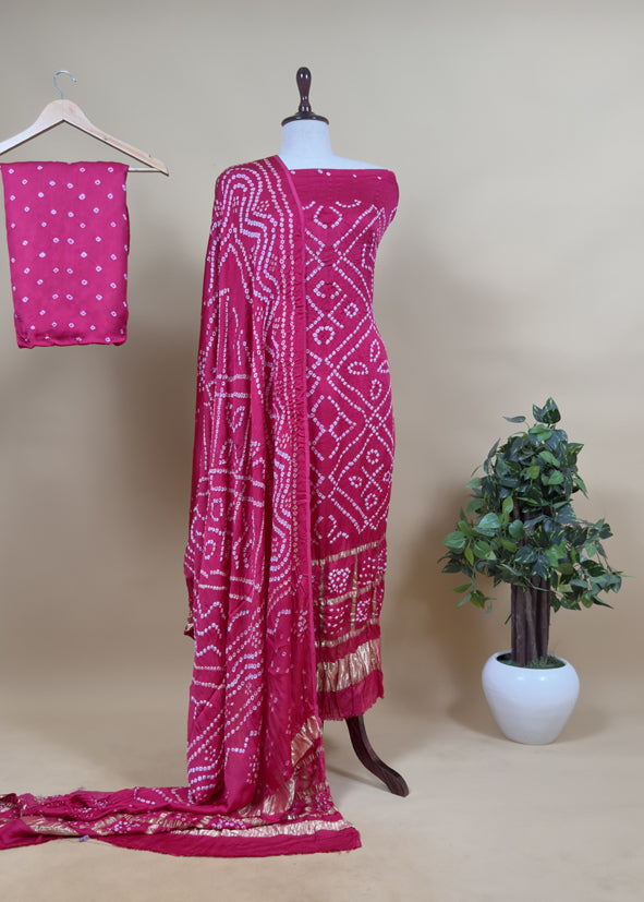 Heer Pink Pure Gajji Silk Gharchola Bandhani Suit With Gold Lakdi Patta weaving