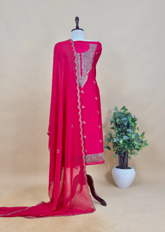 Cherry Pink Handloom Silk Kurta And Organza Silk Dupatta With Dori Dabka Handwork