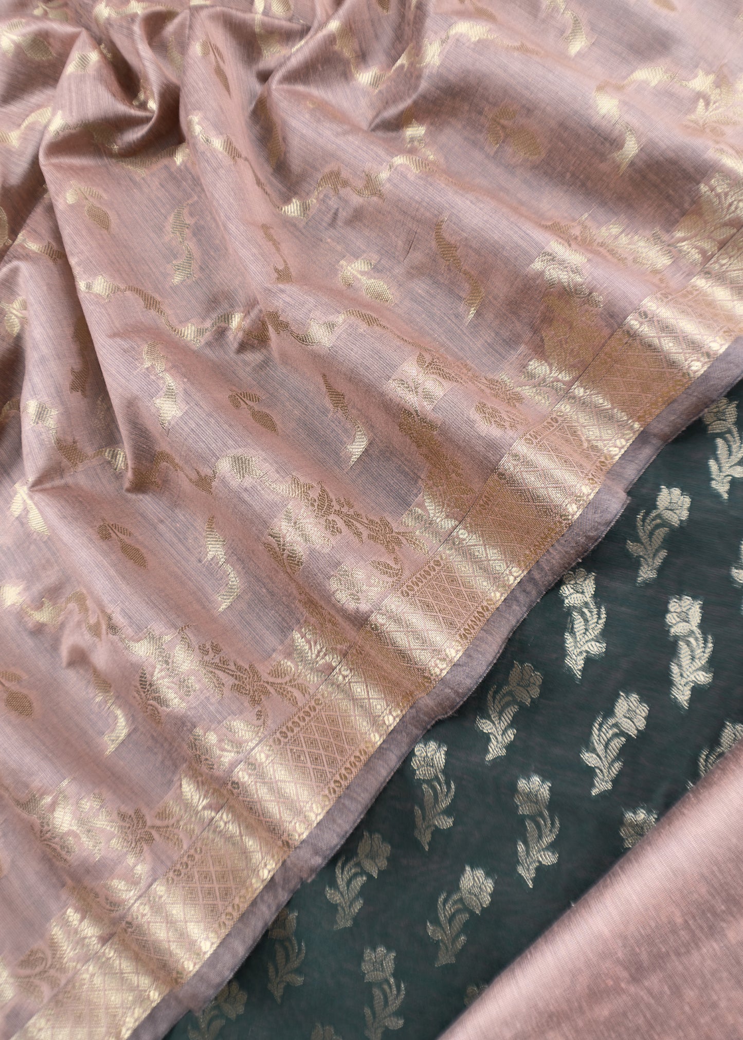 Contrast Dark Green and Pink Banarasi Silk Unstitched Dupatta Suit