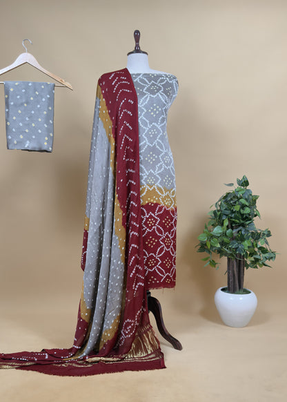 Heer Gray Pure Gajji Silk Bandhani Suit With Gold Lakdi Patta