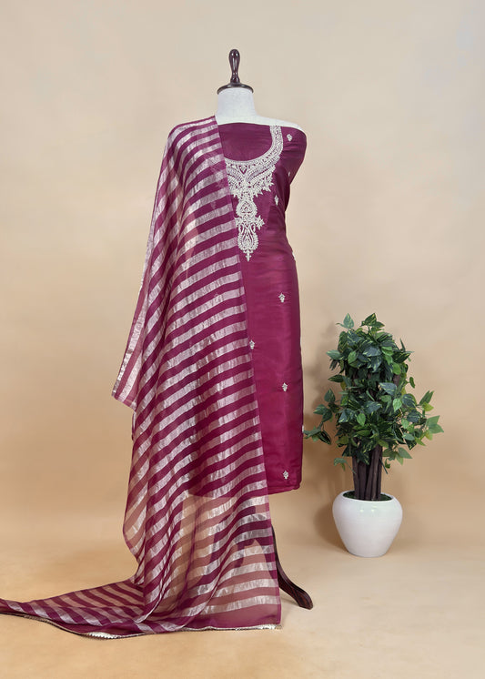 Maroon Pure Silk Kurta and Tissue Silk panel dupatta with Handwork