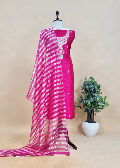 Pink Pure Silk Kurta and Tissue Silk panel dupatta with Handwork
