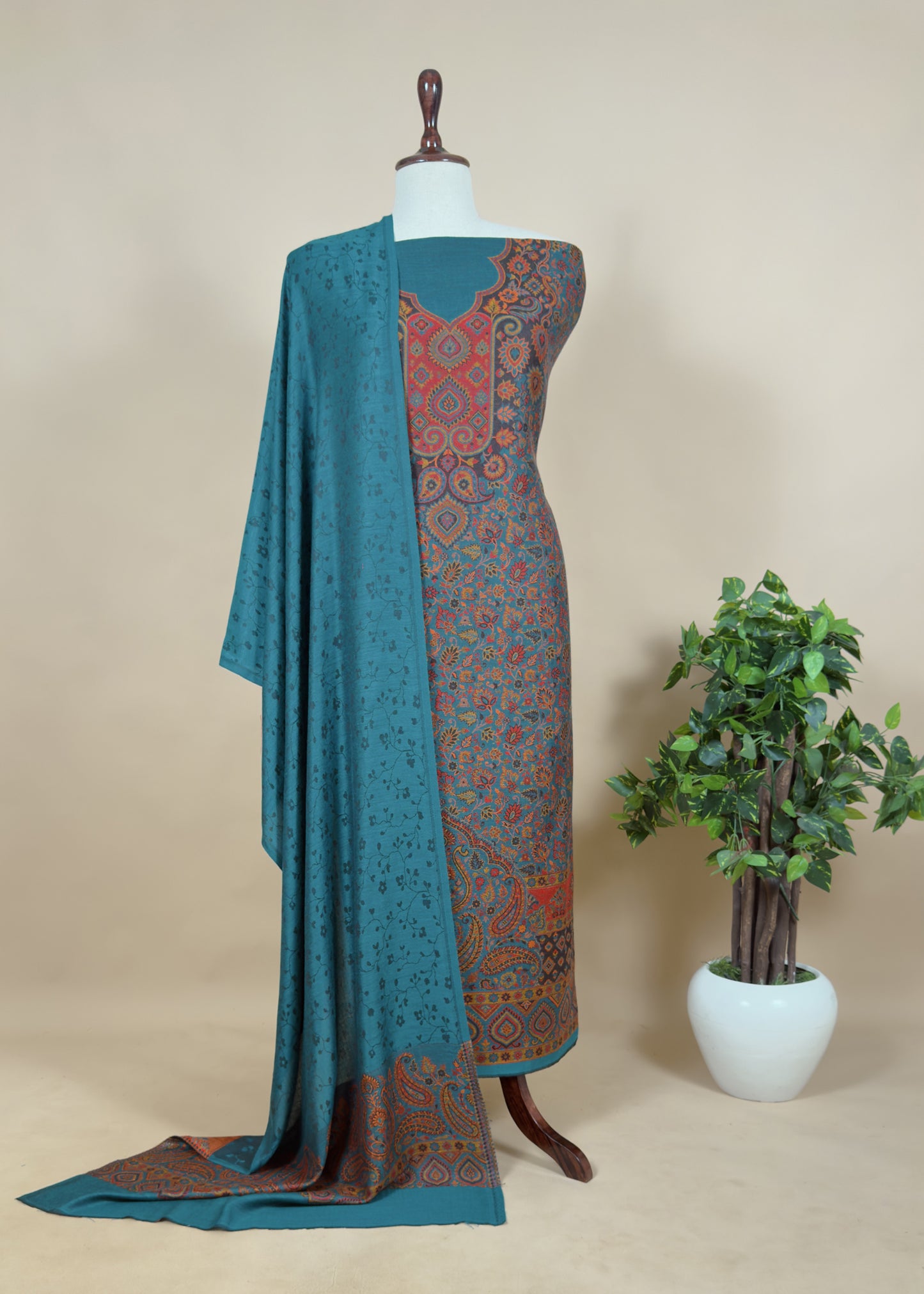 Blue Handloom Pashmina Suit With Kani Zari Weaving