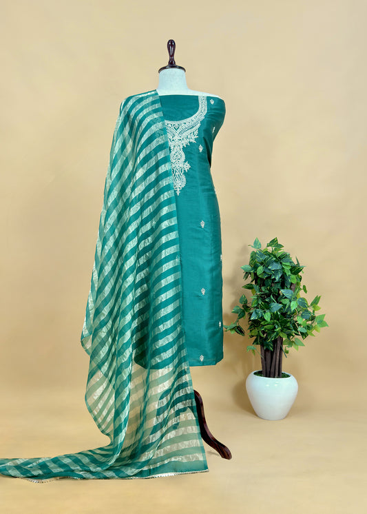 Green Pure Silk Kurta and Tissue Silk panel dupatta with Handwork