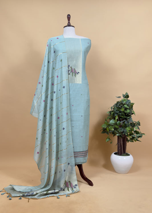 Blue Jamdani Woven Unstitched Suit with Paithani Work
