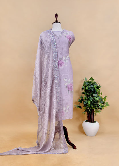 Pastel Purple Unstitched Dupatta-Suit In Handloom Tissue-Silk With Pearl And Sequins