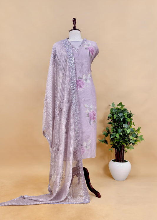 Pastel Purple Unstitched Dupatta-Suit In Handloom Tissue-Silk With Pearl And Sequins