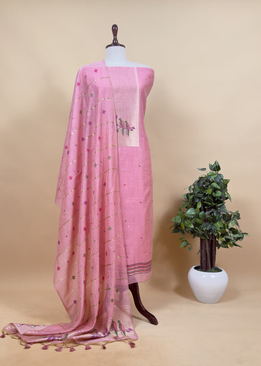 Pink Jamdani Woven Unstitched Suit With Paithani Work