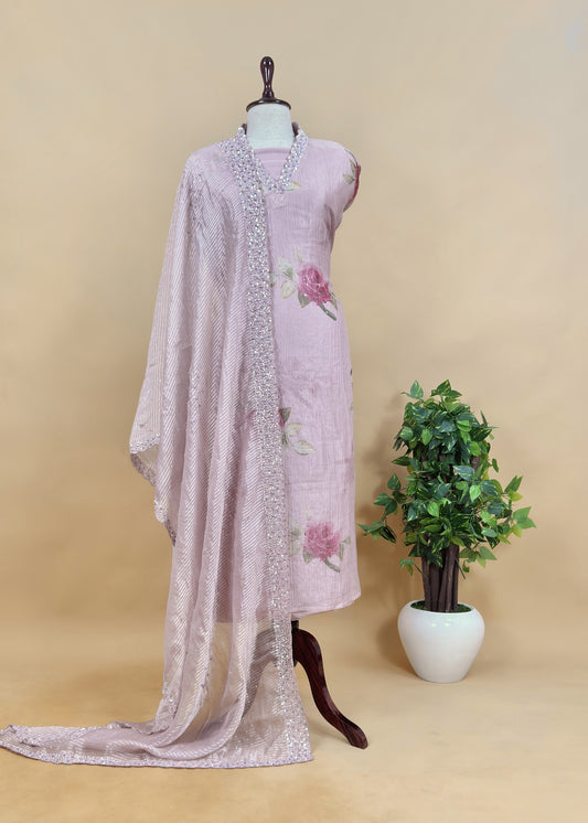 Roses Pastel Unstitched Dupatta-Suit In Handloom Tissue-Silk  With Pearl And Sequins