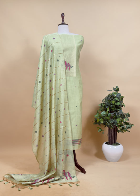 Green Jamdani Woven Unstitched Suit With Paithani Work
