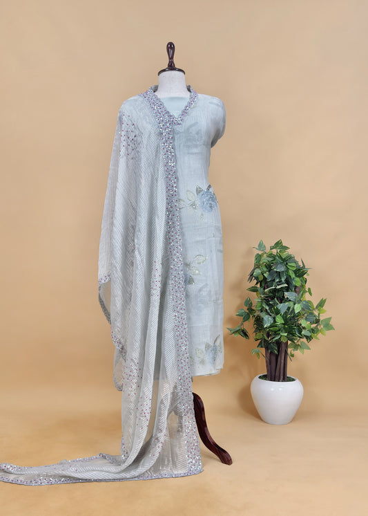 Fresh Green Pastel Unstitched Dupatta-suit in Handloom Tissue-Silk  with Pearl and sequins