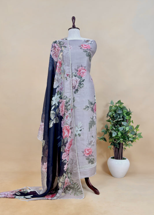 Floral Paradise Cheeku Charcoal Floral Sequin Suit In Pure Kora Silk Fabric