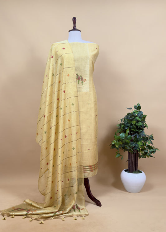 Yellow Jamdani Woven Unstitched Suit With Paithani Work
