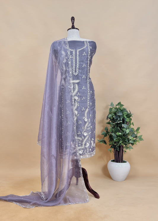 Purple Grey Glass Tissue Three-piece Wedding Suit Fabric With Hand Work