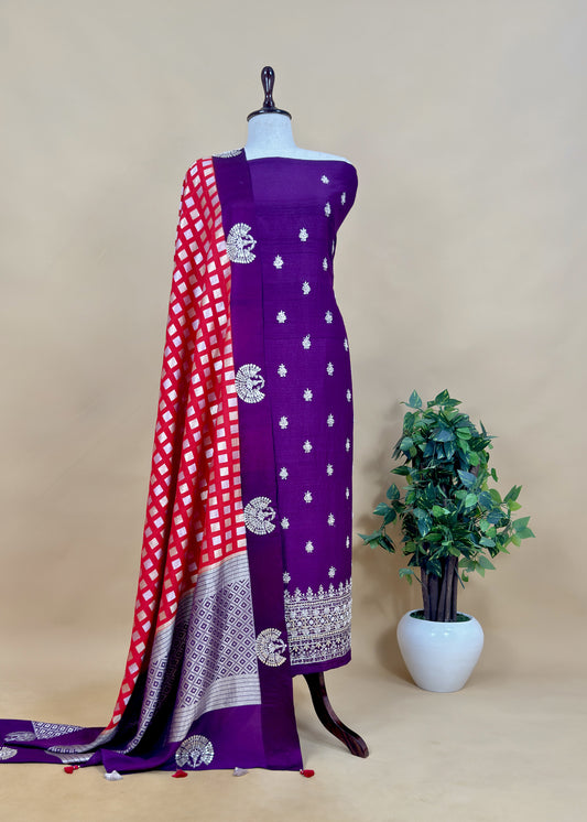 Luxe Royal Purple And Red Handloom Silk Suit With Banarasi Checks And Dabka Dori Handwork