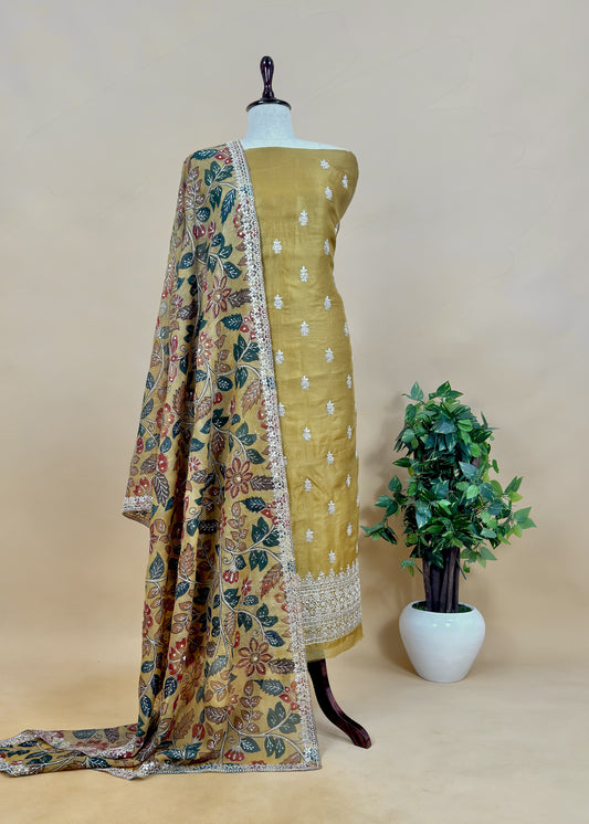 Rangreza Kalasheel Luxe Citrine Yellow Handloom Organza Suit With Real Hand-painted Kalamkari And Hand Work