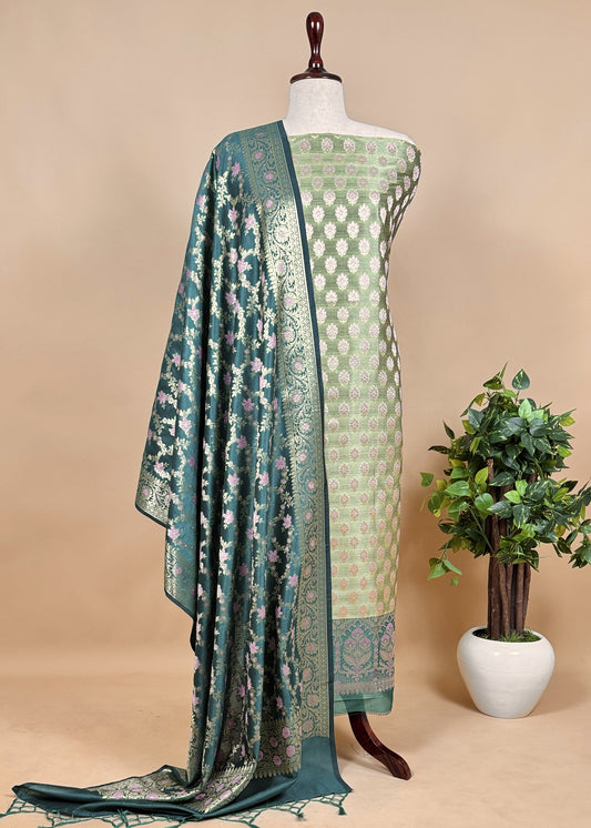 Basil Green Banarasi double shade unstitched dupatta-suit