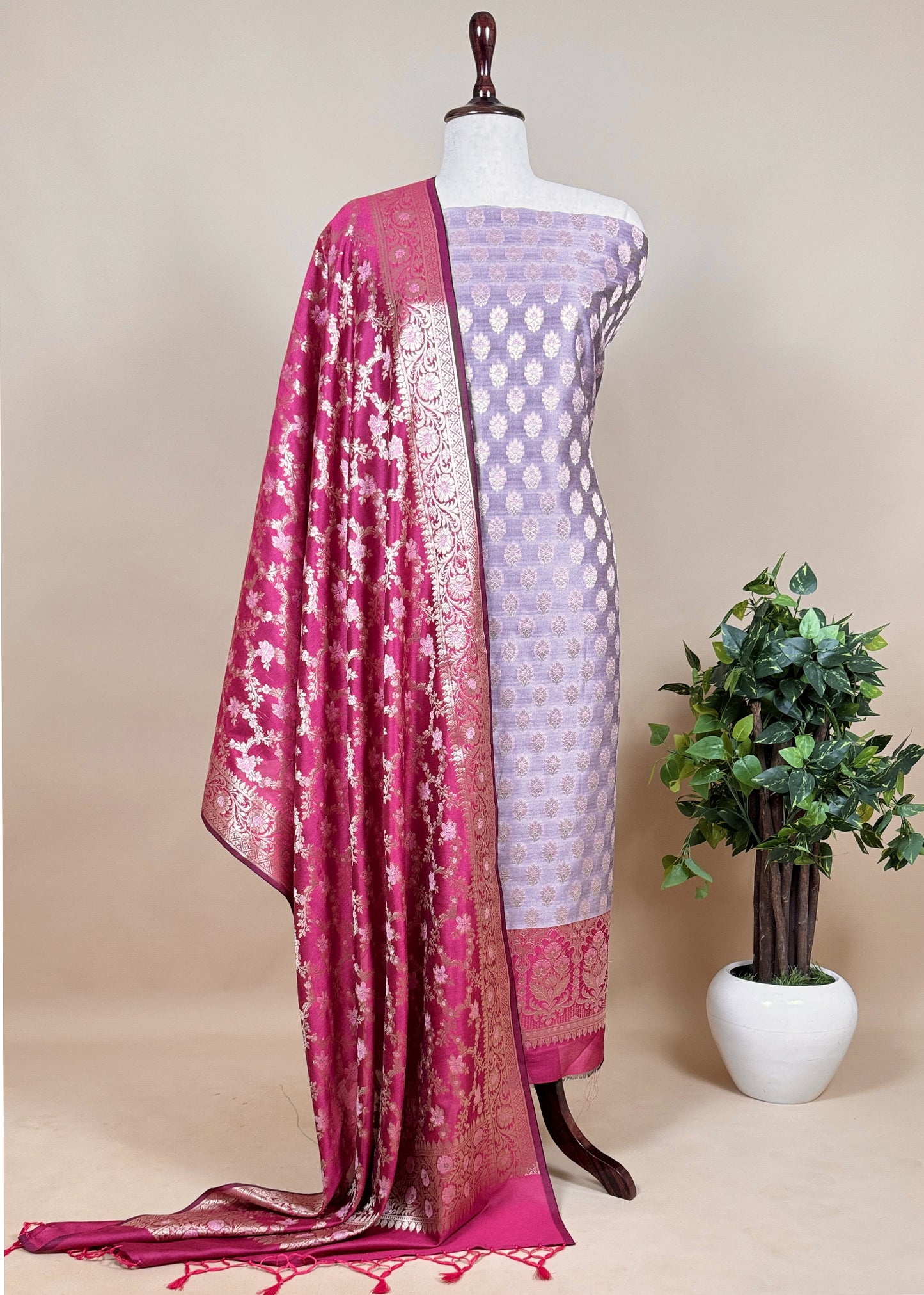 Pink Pearl Banarasi double shade unstitched dupatta-suit