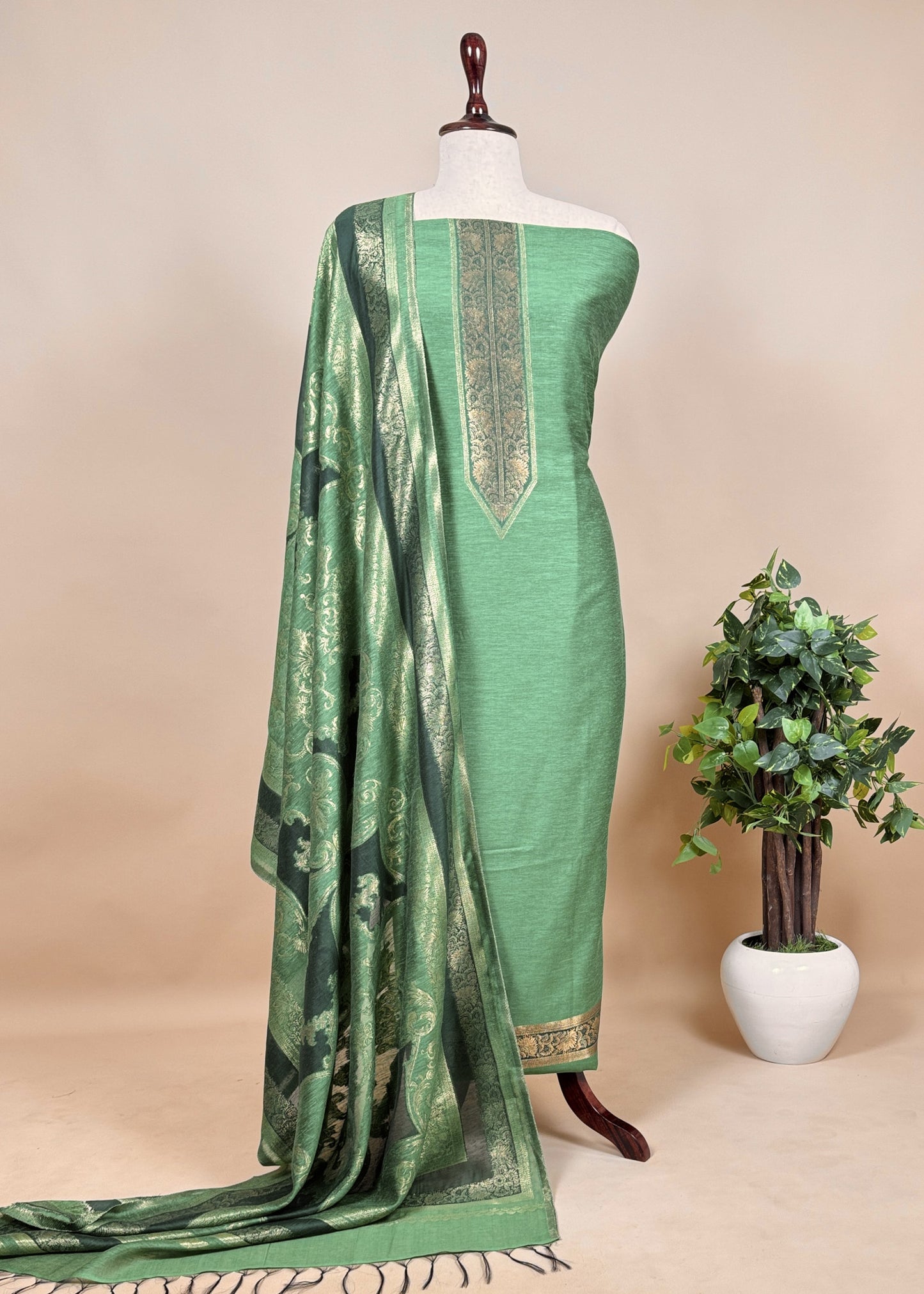 Green Handwoven Kani Zari Silk Unstitched Suit