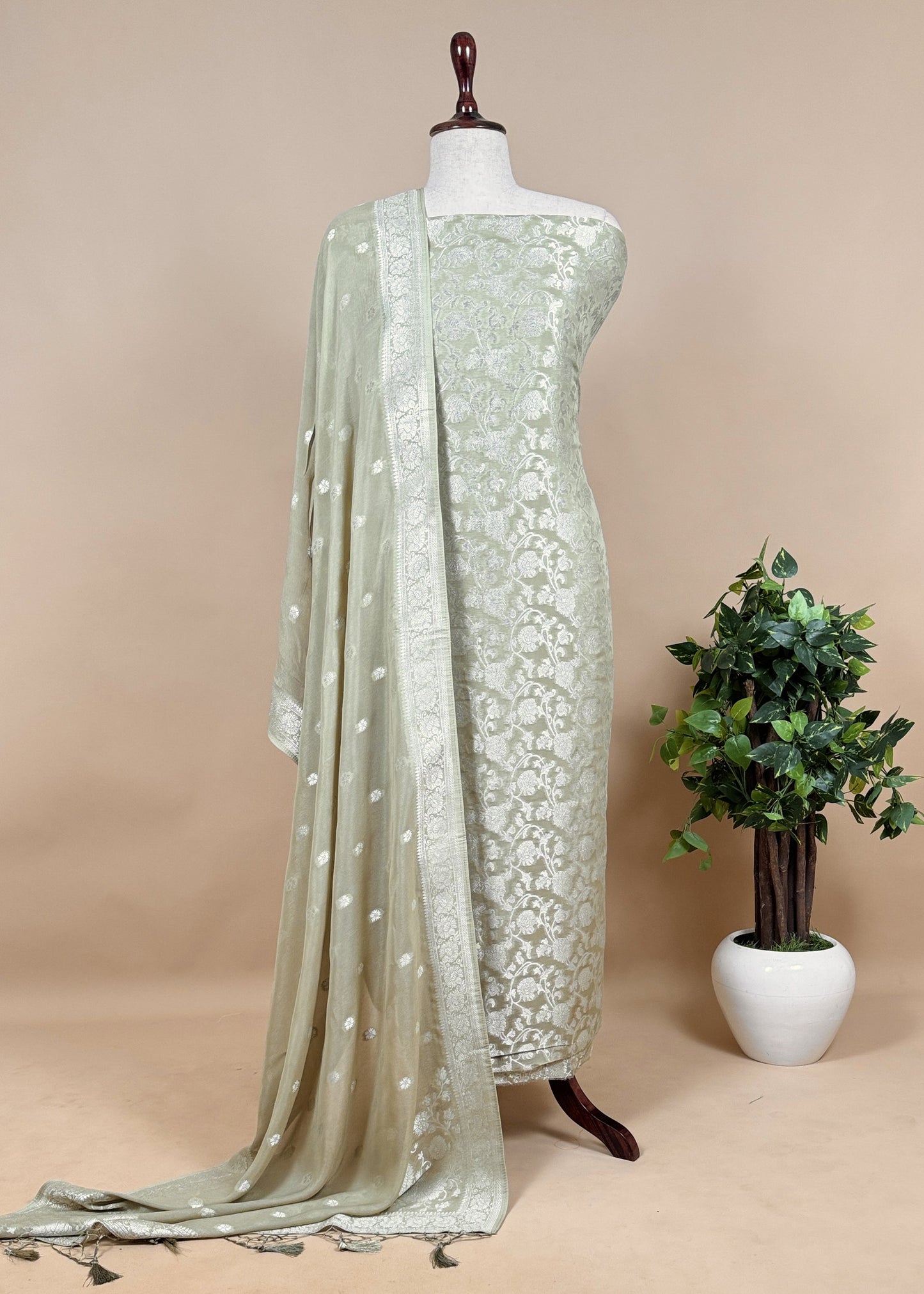 Greyish Blue Banarasi Khaddi Georgette Unstitched Dupatta Suit