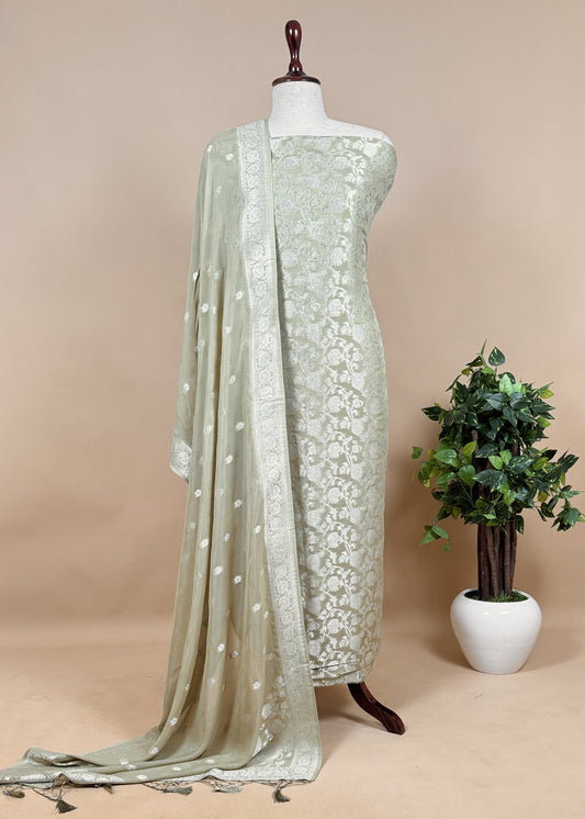 Jade green Banarasi khaddi georgette unstitched Dupatta suit