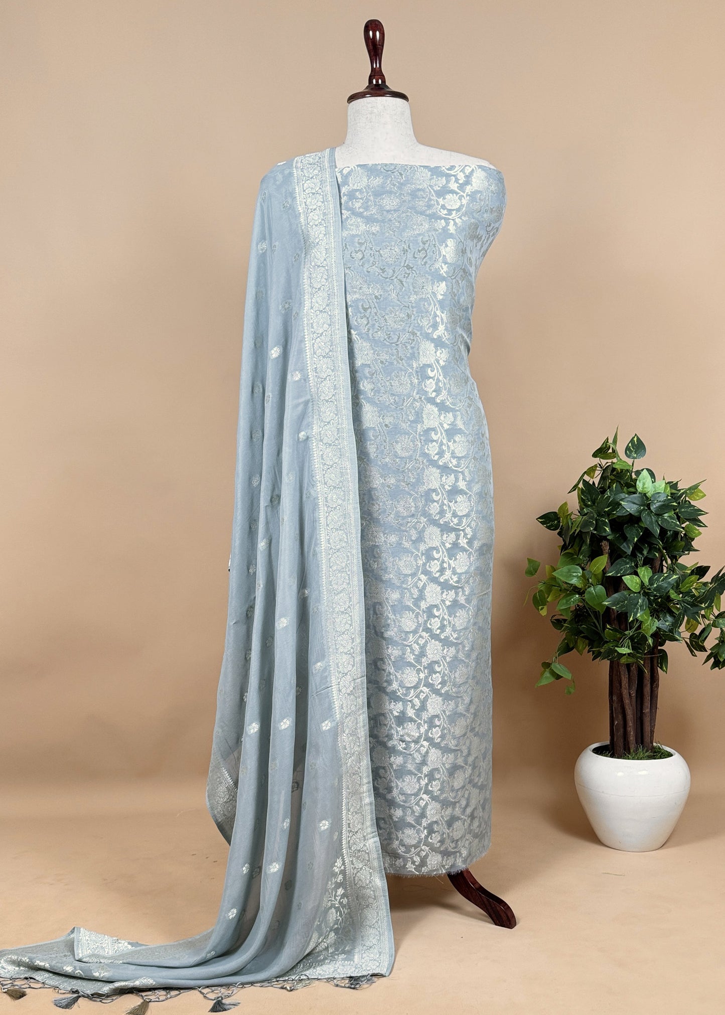 Greyish Blue Banarasi Khaddi Georgette Unstitched Dupatta Suit