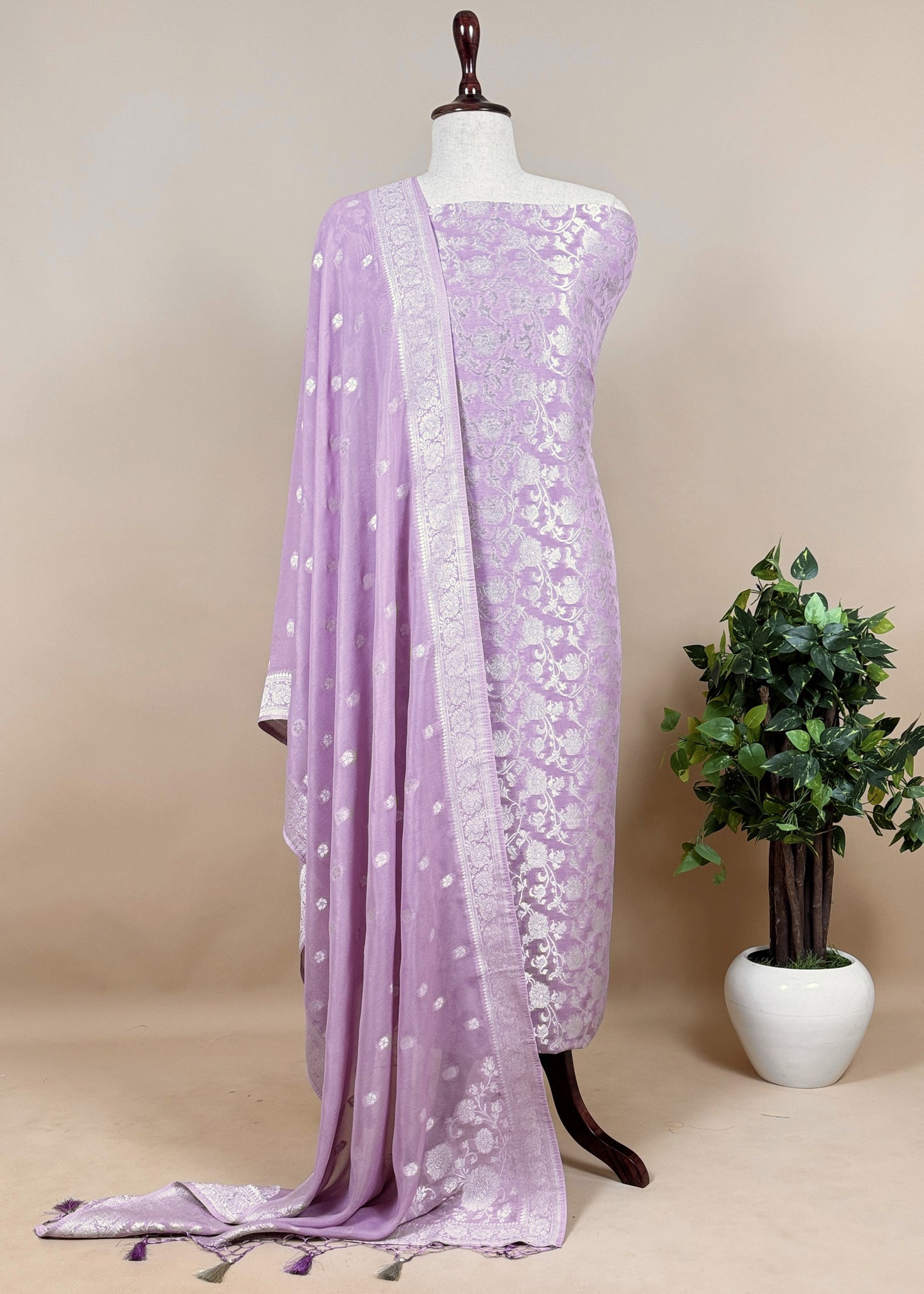 Greyish Blue Banarasi Khaddi Georgette Unstitched Dupatta Suit