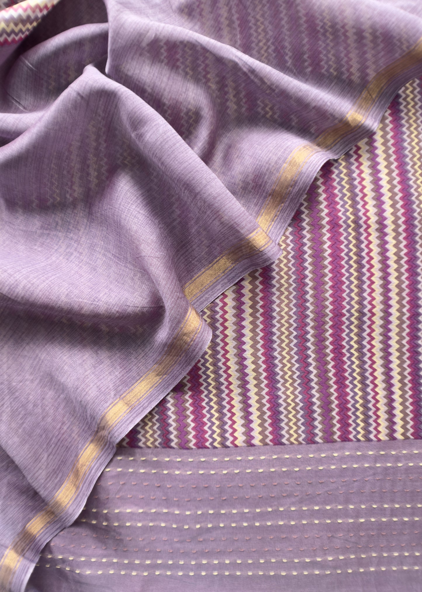 Purple Pure Maheshwari Silk Suit With Kantha Handwork