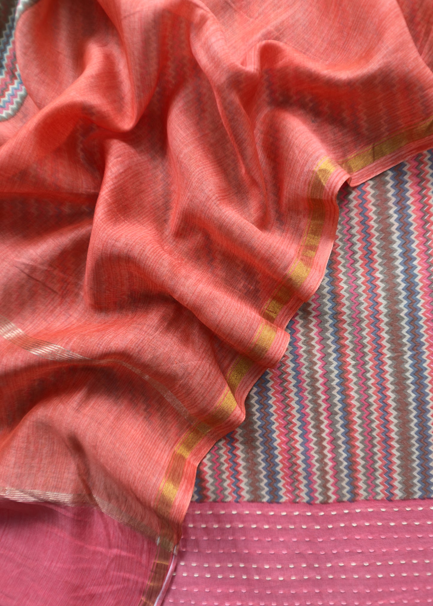 Indian Gajari Pure Maheshwari Silk Suit With Kantha Handwork